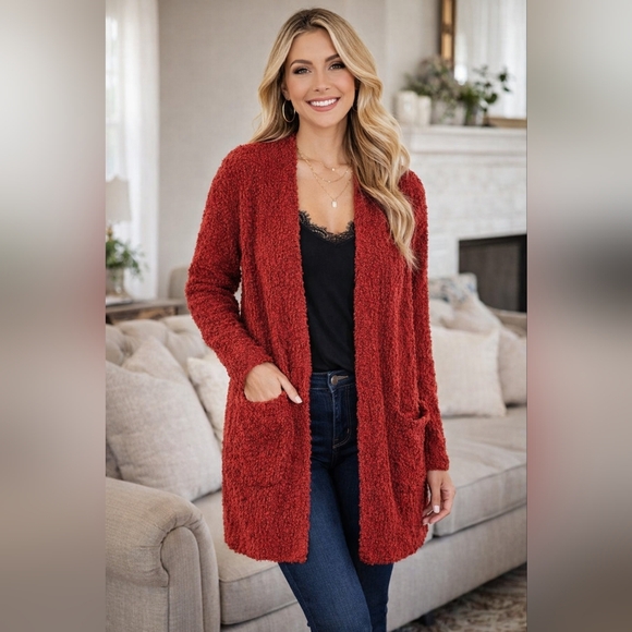 Pink Rose Sweaters - Pink Rose XL Popcorn Knit Open Front Long Soft Cardigan Sweater Pockets Cozy